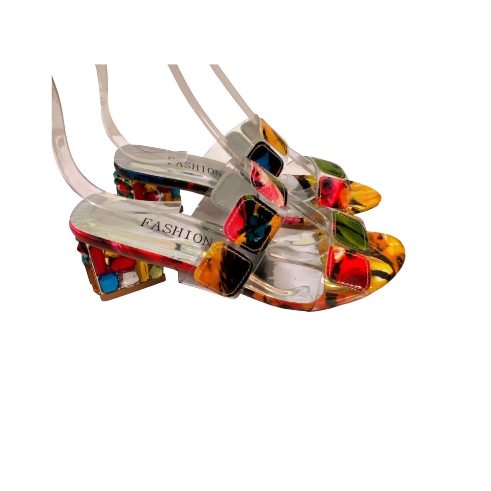 Fashion‎ Multi Color Jeweled Block Heel Clear Strap Slide Sandals Sz 6.5